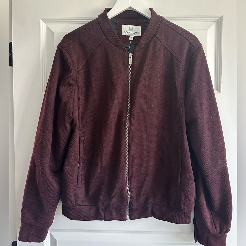 Soft Cloth Men's Wool Blend Knit Bomber Jacket in Burgundy